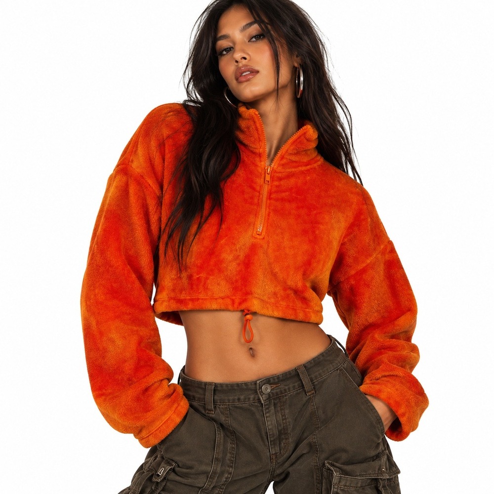 Akira Cozy Fleece Pullover Womens M Orange Cropped Half Zip Faux Fur Plush Y2K